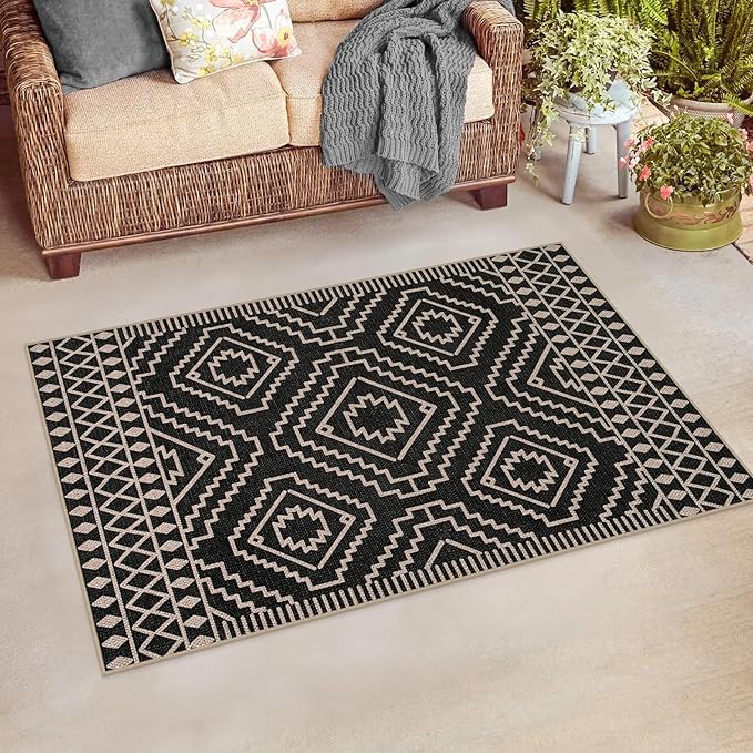 Lahome Bijou Moroccan Easy Jute Carpet, 3x5 Indoor Outdoor Entryway Patio Rug 3x5 Farmhouse Black Washable Living Room Rug, Non Slip Indoor Outdoor Carpet for Patio Courtyard Deck