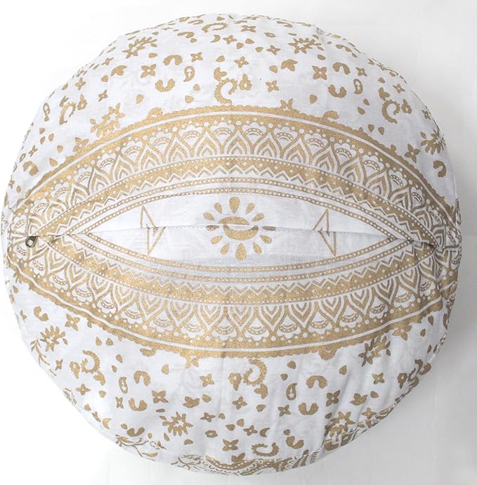 CRAFT KALA Gold Large Hippie Mandala Meditation Floor Ottoman Pillow Cushion Pouf Cover Square Poufs Bohemian Circle Floor Cushion Case Outdoor Fireplace Yoga Living Room Decor Cover 18" Round