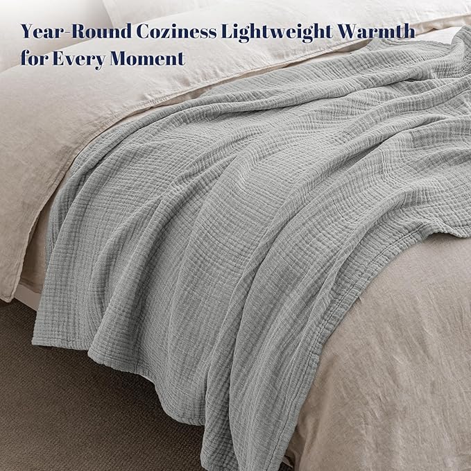 PHF 100% Cotton Muslin Blanket Queen Size 90"x90", 4-Layer Lightweight Gauze Throw, Breathable Cloud-Soft Minimalist Blanket for Bed, Couch, Camping & Baby, Light Grey, Ideal Gift