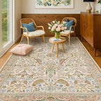 Washable Area Rugs 5x7 for Living Room - Boho Cottagecore Earthy Rugs for Bedroom, Dining Room, Office with Vintage Beige Taupe Botanical & Bird Pattern, Non Slip Stain Resistant Low Pile