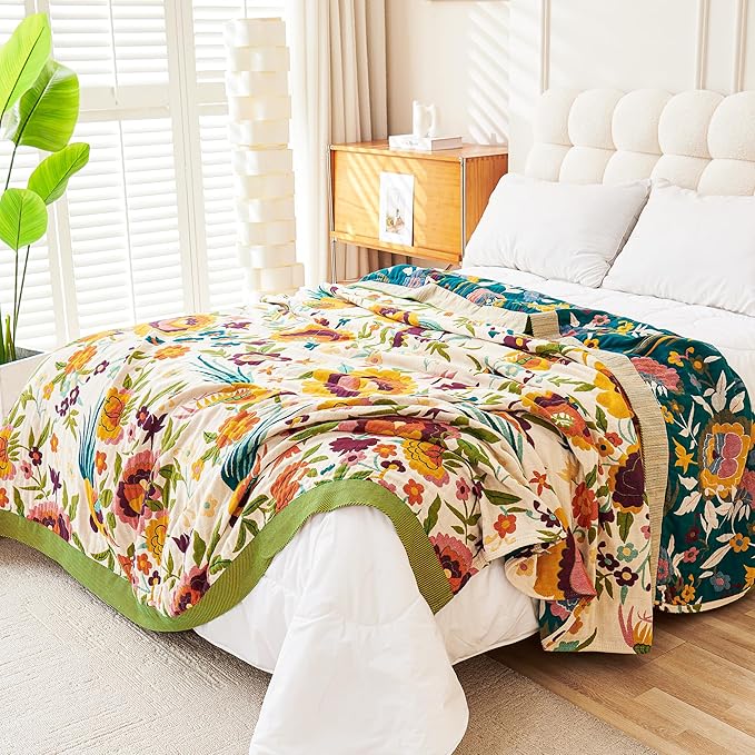 Boho Throw Blanket for Bed, 100% Organic Cotton Breathable Ultra Soft 60" x 80" Quilt Throw - All Season Floral Rustic Farmhouse Decor Luxury Reversible Blanket for Sofa Couch Chair and Gift