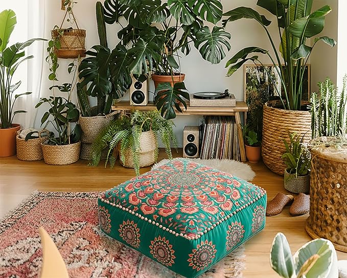 Mandala Life ART Turquoise Velvet Pouf Cover - Soft Sqare Floor Pillow - Embroidered Ottoman Slipcovern, 24x24x8 Inches, Ideal for Living Room, Bedroom, or Meditation Space - Cushion