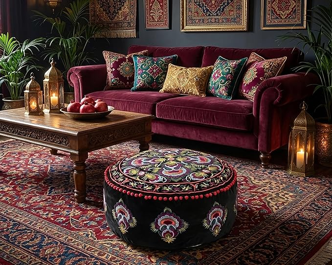 Mandala Life ART Round Black Velvet Pouf Cover - Soft Embroidered Ottoman Slipcover with Moroccan Design, 24 Inch Diameter, Ideal for Living Room, Bedroom, or Meditation Space - Floow Pillow Cushion