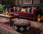 Mandala Life ART Round Black Velvet Pouf Cover - Soft Embroidered Ottoman Slipcover with Moroccan Design, 24 Inch Diameter, Ideal for Living Room, Bedroom, or Meditation Space - Floow Pillow Cushion