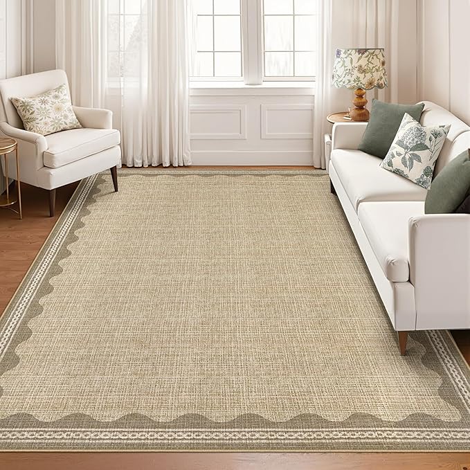Scalloped Tan Washable Rugs 10x13 Rug for Living Room Non-Slip Solid Jute Modern Minimalism 10 x 13 Rug Low-Pile Carpet for Bedroom Dining Nursery Mat with Rubber Back