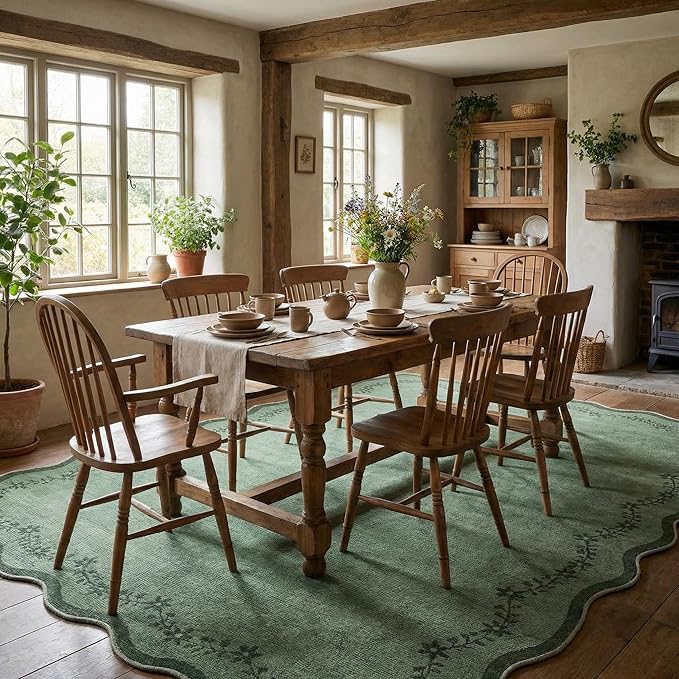 GarveeHome 5x7 Scalloped Area Rug Green Washable Rugs for Living Room Bedroom, Soft Low Pile Non Slip Accent Floor Mat Solid Floral Print Throw Rug Farmhouse Indoor Carpet for Dorm Playroom