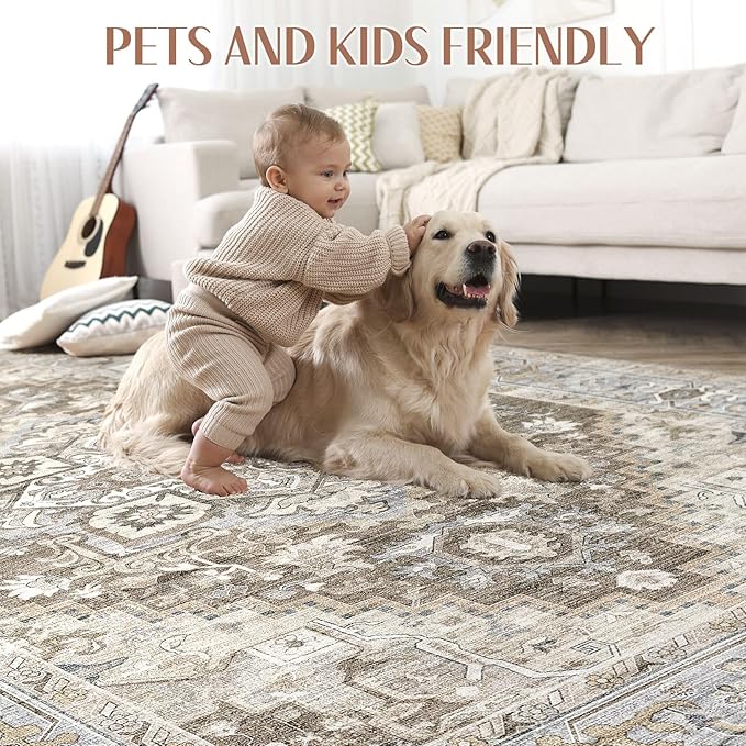 Washable Rug 7x9 Area Rugs: Boho Vintage Distressed Oriental Medallion Neutral Thin Large Rug Carpet for Living Room Bedroom Dining Room Home Office Decor - Brown Gray