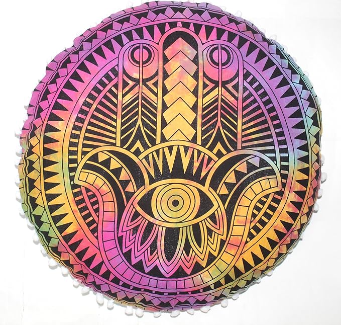 CRAFT KALA Boho Large Floor Pillow Pouf Cover Mandala Meditation Room Pillow Cover for Adults Round Bohemian Seating Pouf Cushion Cover for Kids Playroom 22" Multi Hamsa