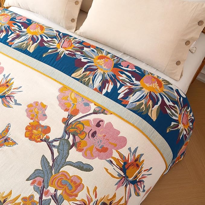 Boho Throw Blanket - 100% Cotton Soft Throw Blanket for Bed, 60"x80" Reversible Breathable Lightweight Spring Blankets, All Seasons Farmhouse Decor Floral Plant Butterfly Throw Quilt