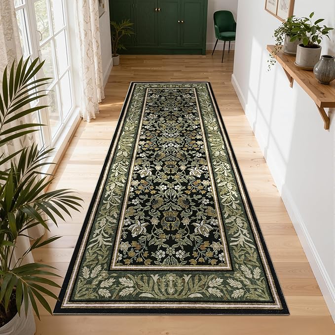 GarveeHome Kitchen Runner Rug 2.5x8 Runner Rug Non Slip Washable Runners for Hallways, Boho Vintage Rugs with Rubber Backing Soft Low-Pile Indoor Carpet for Entryway Bedroom Laundry Green Black