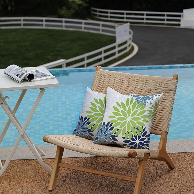 DFXSZ Green Blue Flower Pillow Covers 18x18 Inch Set of 2 White Gray Colored Throw Pillows Outdoor Waterproof Decor for Living Room Sofa Patio Funiture Garden Floral Polyester Pillow Covers 002K18