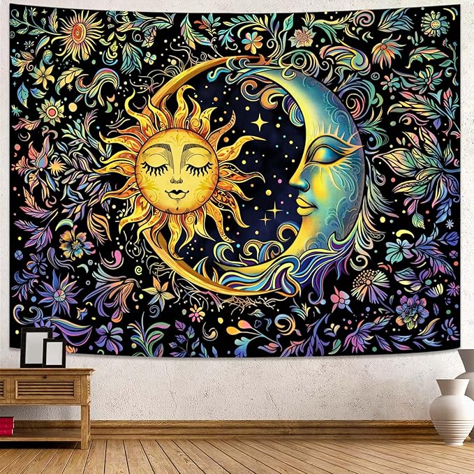 Spenlife Sun and Moon Tapestry Floral Wall Tapestry Boho Tapestries Floral Tapestries Wall Hanging for Bedroom and Living Room Decor Sun and Moon 60×80 Inches