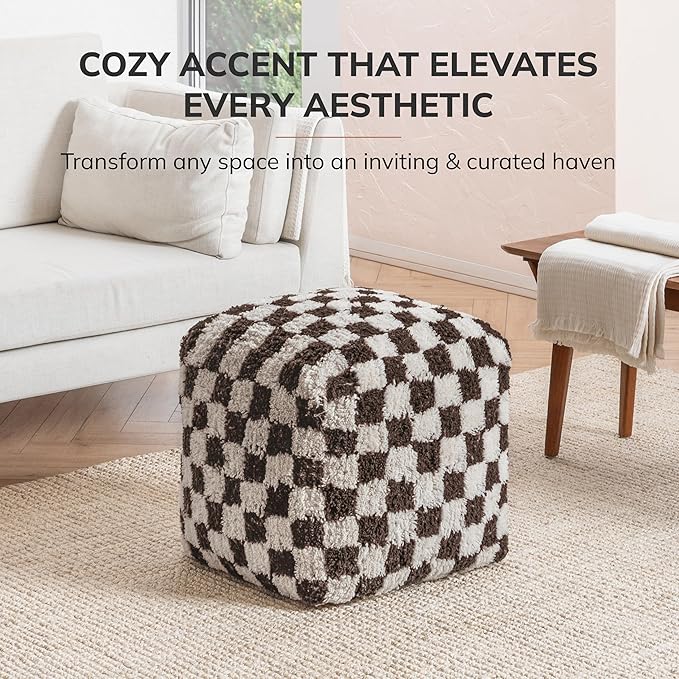 Anji Mountain Pouf Ottoman Foot Rest, Handmade Ottoman Pouf, Comfortable Foot Stool, Decorative Floor Seating for Living Room Decor, Bedroom & Home Décor Accent - Espresso Checker
