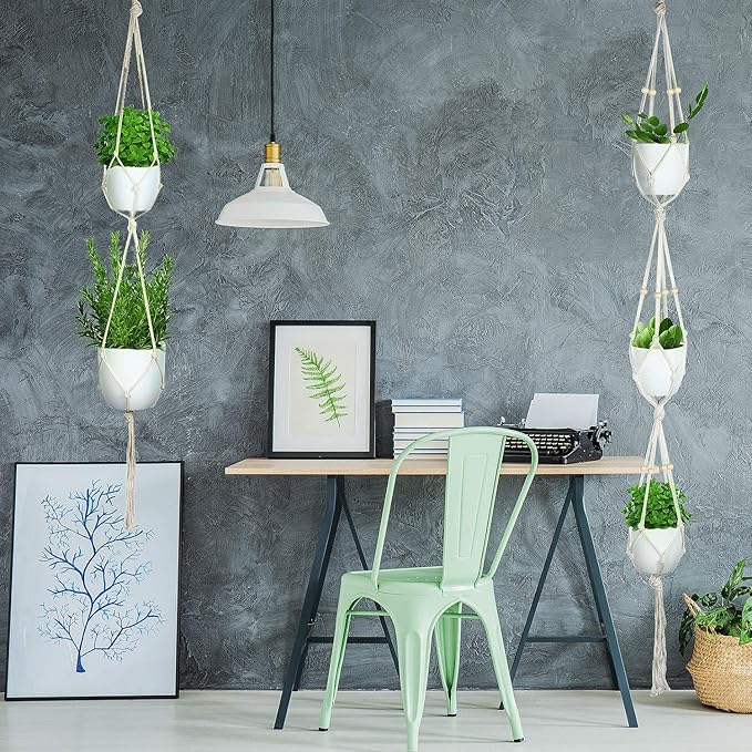 6 Pieces Macrame Plant Hangers with 6 Hooks, Different Tiers, Handmade Rope Hanging Planters Set Flower Pots Holder Stand Hanging Plant Holder for Indoor Outdoor Boho Home Decor (Creamy White)