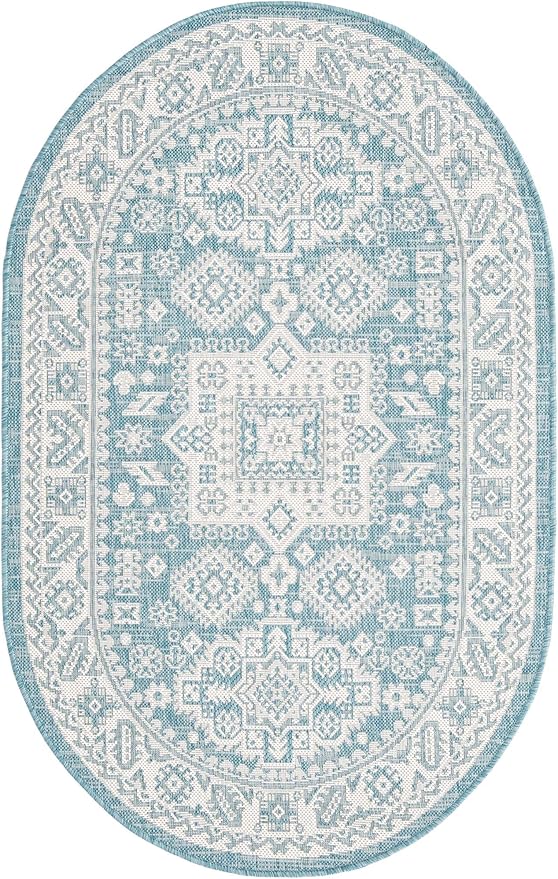 Rugs.com Outdoor Aztec Collection Rug – 3' x 5' Oval Aqua Flatweave Rug Perfect for Living Rooms, Large Dining Rooms, Open Floorplans