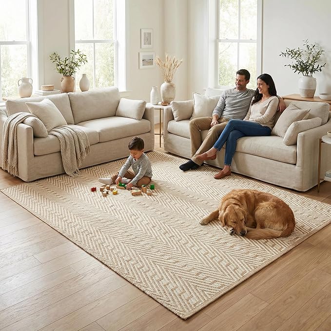 Jute Cotton Geomatric Area Rug 5x7 Feet - Natural White, Farhouse Reversible Soft & Sturdy Floor Rugs Ideal for Living Room, Dinning Space, Bedroom | Decorative Neutral Blend Patio Mat for Nursary