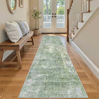 Washable Runner Rug, 2'6" x 8' Non-Slip Kitchen Vintage Foldable 2.5x8ft Hallway Runners for Entryway, Laundry, Bedroom, Green/Ivory