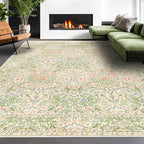Washable Light Green Rug for Bedroom - 9x12 Large Area Rug for Dining Room Under Table, Living Room, Soft Low Pile Carpet for Playroom - Vintage Floral Non-Slip Stain Resistance (9x12 Beige Green)