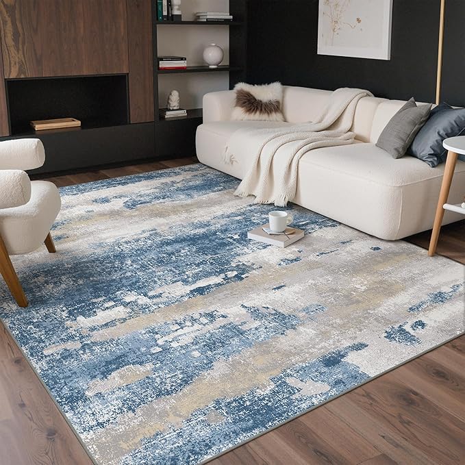 GENIMO No Crease Non Slip 6x9 Area Rugs for Living Room, Craft Woven Modern Rug, Soft Floor Carpet, Single-Piece Rugs for Bedroom, Dining Room, Office, Blue