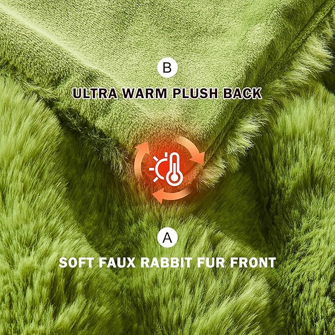 EMME Faux Fur Blanket Queen Size Dark Green - Big Bubble Rabbit Cozy Blanket for Couch, Thick Furry Plush Shaggy Blankets, 650GSM, 90x90 Inches
