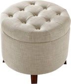 Amazon Basics Round Storage Ottoman Foot Rest, Button Tufted Upholstered Footstool with Storage, Sturdy Linen Fabric for Living Room and Bedroom, 20" x 17", Beige
