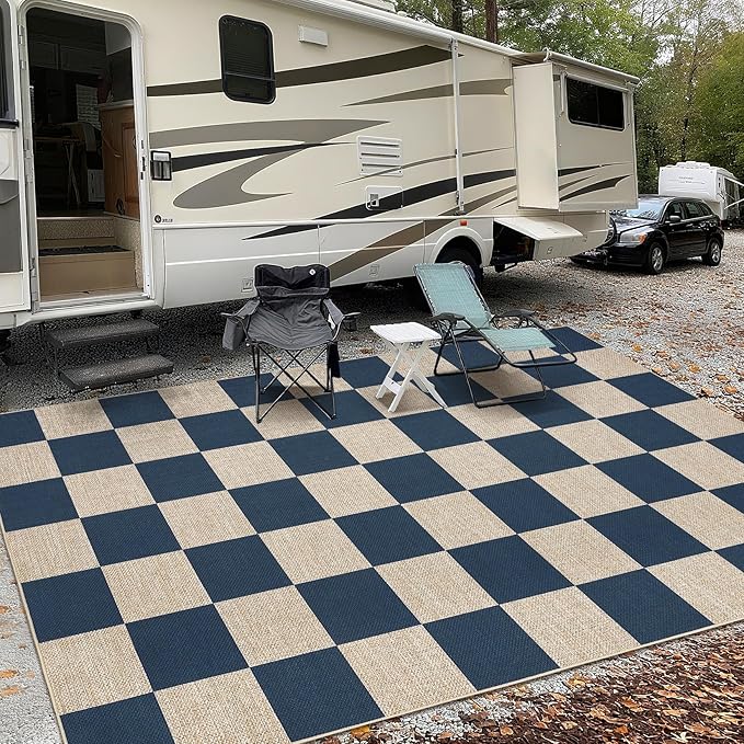 GarveeHome Checkered Easy Jute Area Rug 10x13 Machine Washable Non-Slip Stain Resistant Indoor Outdoor Rugs for Living Room, Bedroom, Kitchen, Dining, Patio Farmhouse Style Navy Blue