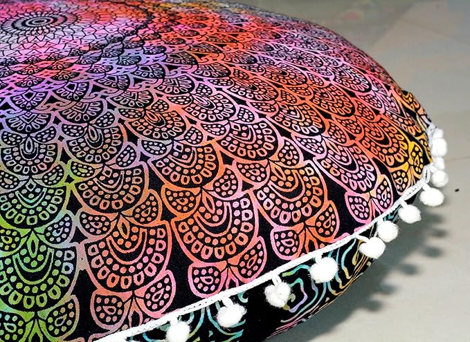 Round Mandala Floor Pillow Cover Seating Cushion Throw Cover Hippie Decorative Bohemian Ottoman Pouf Cover, Pom Pom Pillow Cases,Boho Indian 22 Inches (Multi Peacock)