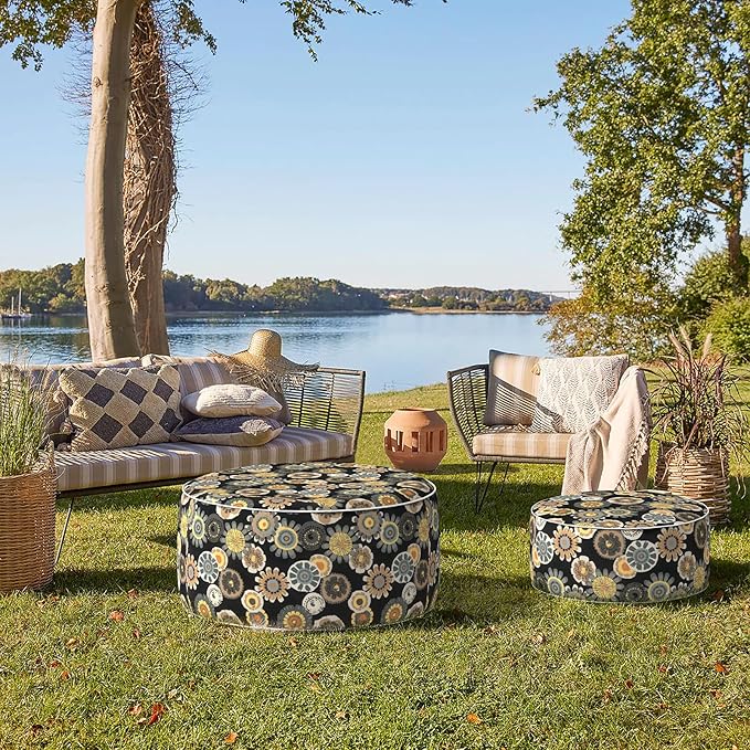 Indoor/Outdoor Inflatable Ottoman D21 x H9 inch, Round Footstool Inflatable Foot Rest Ottomans with Handle,Portable Ottoman Pouf for Patio, Garden, Camping, Home,Black Yellow Crosby