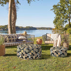 Indoor/Outdoor Inflatable Ottoman, All Weather Ottoman Pouf D31 x H14 inch, Round Foot Rest Ottomans, Portable Footstool for Patio, Garden, Porch, Home,Black Yellow Crosby