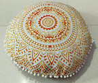 CRAFT KALA Mandala Floor Pillow Cushion Cover Seating Throw Cover Hippie Decorative Bohemian Ottoman Poufs Pom Pom Pillow Cases Boho Indian Cotton Living Room Yoga Home Décor (24" Round, Yellow Ombre)