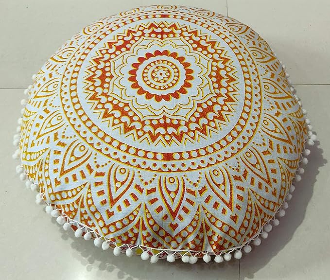 CRAFT KALA Mandala Floor Pillow Cushion Cover Seating Throw Cover Hippie Decorative Bohemian Ottoman Poufs Pom Pom Pillow Cases Boho Indian Cotton Living Room Yoga Home Décor (24" Round, Yellow Ombre)