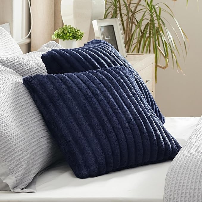 Bedsure Double-Side Striped Throw Pillow Covers 18x18 Set of 2, Spring Fluffy Blue Soft Decorative Pillow Covers, Home Decor for Couch Sofa Living Room Bedroom