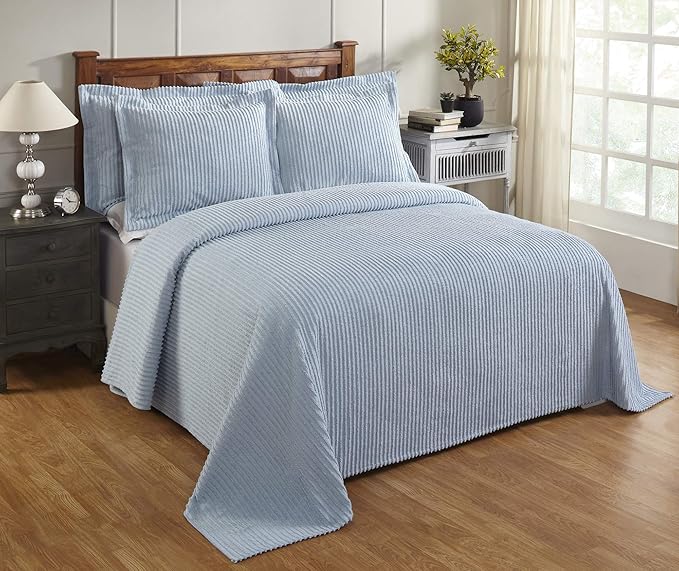 Better Trends Chenille Bedspreads Twin Size, Blue 100% Cotton Chenille Stripe Design Tufted Bedding Coverlet Soft Lightweight, 81"x110" 1 Pieces Jullian Collection