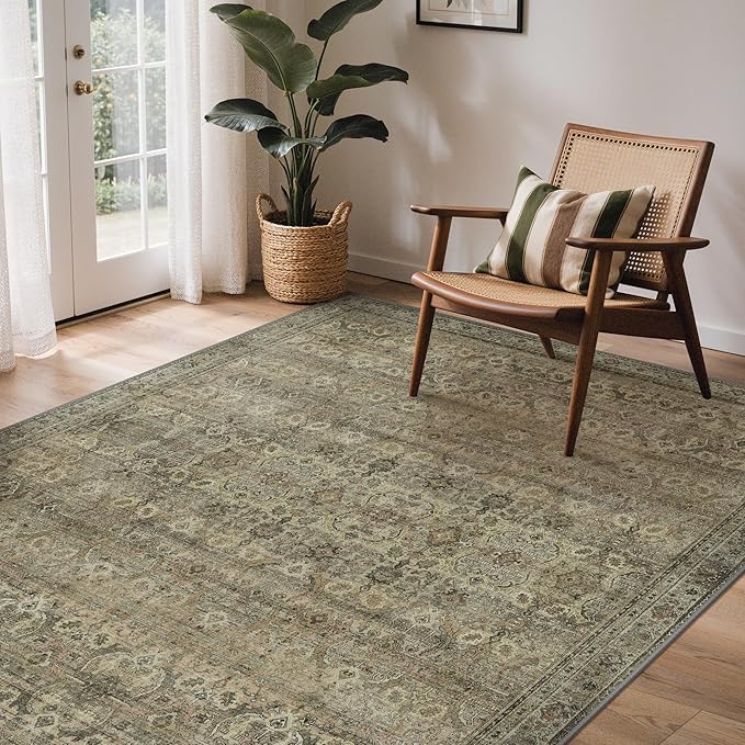 GENIMO 6x9 Area Rugs for Living Room, Machine Washable Non Slip Vintage Rugs, Low Pile Lightweight Chenille Print Rug for Bedroom, Dining Room, Home Office, Green Khaki