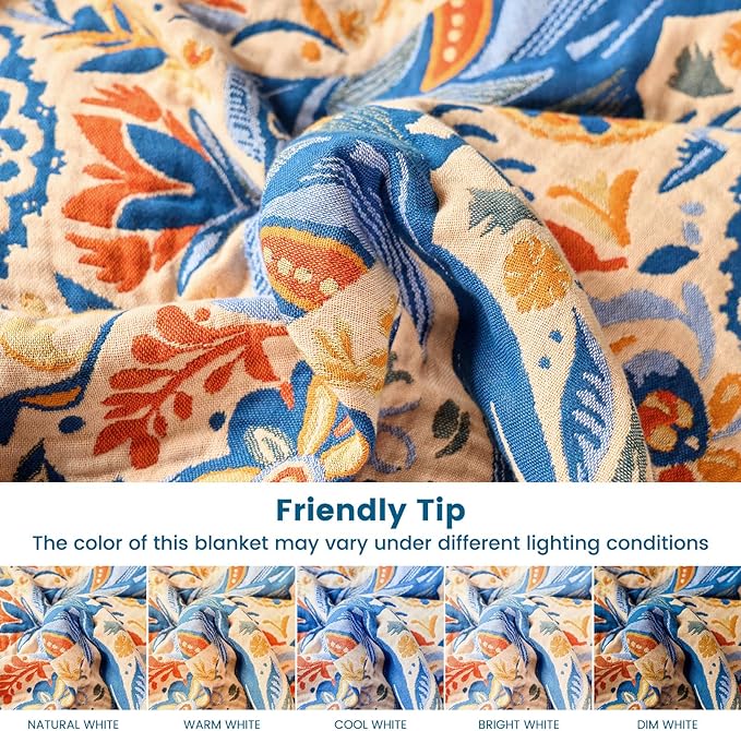 Boho Throw Blanket 60"x80" 100% Cotton Twin Bed Bird Blanket, Reversible Breathable Lightweight Spring Decorative Tassel Blankets for Couch Sofa Decor