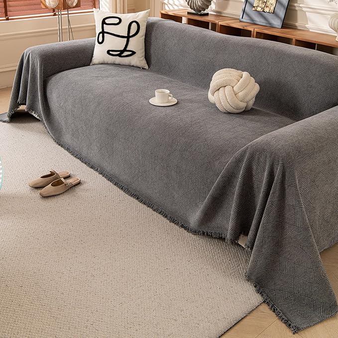 ROOMLIFE Dark Gray Waterproof Couch Cover Sofa, Chenille Couches Covers for 3 Cushion Sofas, Non Slip Soft Breathable Sofa Slipcovers for Pet, Washable Furniture Protector with Tassel,71''X134”