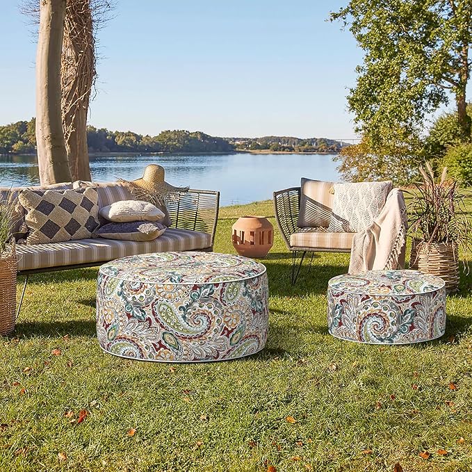 Indoor/Outdoor Inflatable Ottoman with Handle, Decorative Fade-Resistant Round Footstool D21 x H9 inch, Portable Ottoman Pouf for Patio Garden Camping, Paisley Chilli
