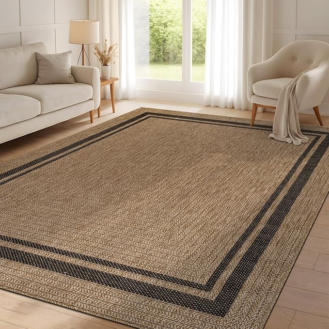 Beverly Rug Easy Jute Bordered Rug 6x9 Washable Durable Indoor Outdoor Area Rugs for Living Dining Room Patio Office Stain Resistant Non Shedding Casual Indoor Outside Carpet 6 x 9 Natural