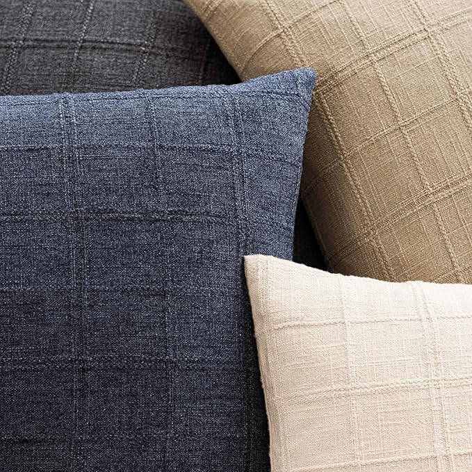 Foindtower Set of 2 Decorative Linen Check Throw Pillow Covers Neutral Farmhouse Vintage Cushion Covers Modern Boho Home Decor for Sofa Chair Couch Bedroom Living Room,18×18 Inch,Navy Blue