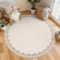 Scalloped Beige 4ft Round Rug Washable Non-Slip Soft Ultra-Thin Small Circle Modern Cottage Core Solid Carpet for Entryway Kitchen Bedroom Nursery Dining Room