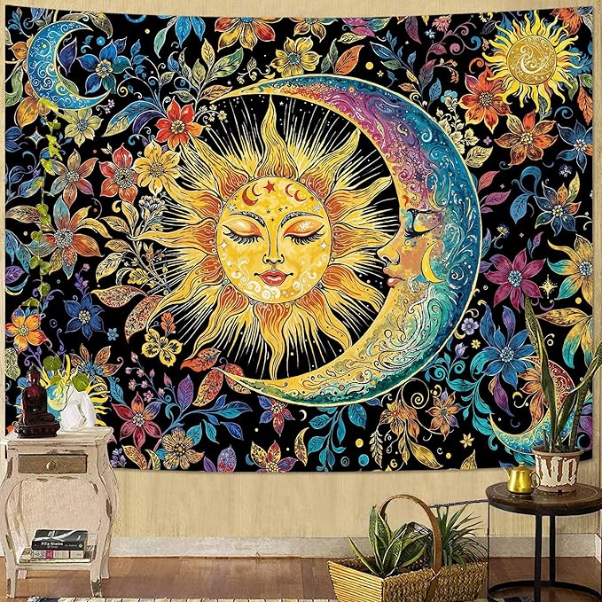 Accnicc Sun and Moon Tapestry for Bedroom Boho Hippie Floral Wall Tapestry Aesthetic Vintage Stained Glass Flower Plant Celestial Large Tapestries Wall Hanging for Living Room Dorm 80 x 60 Inch