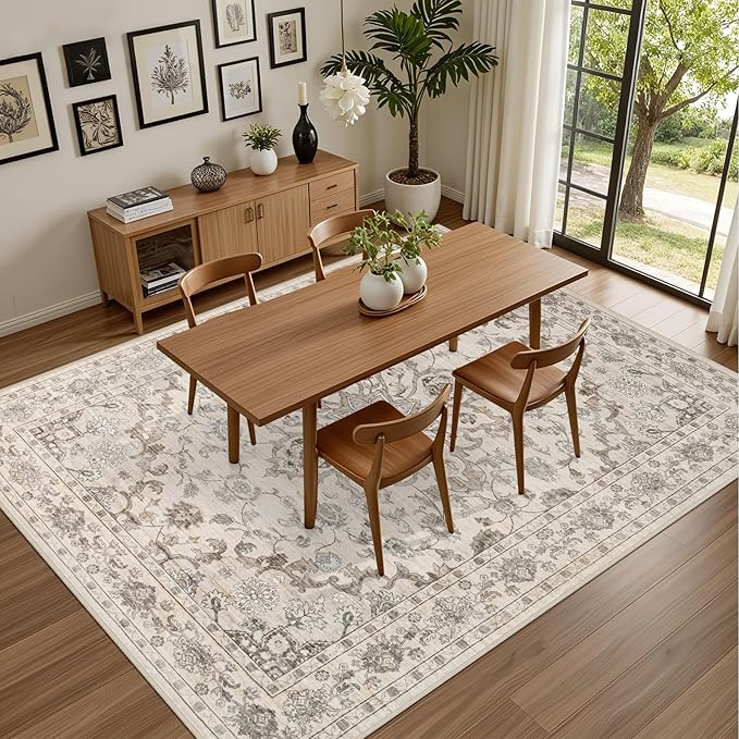 4x6 Area Rugs for Living Room: Washable Rug Soft Vintage Distressed Floral Carpet Indoor Floor Non-Slip Stain Resistant Large Carpets for Bedroom Dining Room Farmhouse Nursery Home Office Brown Beige