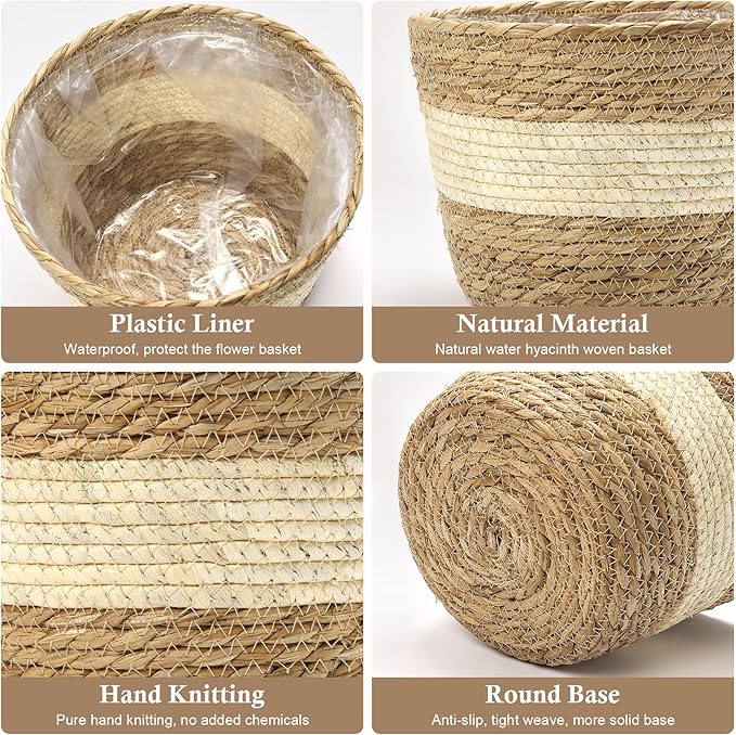 Athaliah Water Hyacinth Plant Basket Set of 3, Woven Planter Baskets with Plastic Liner, Indoor Plant Pot Covers for Potted Plants, Rustic Boho Farmhouse Home Decor