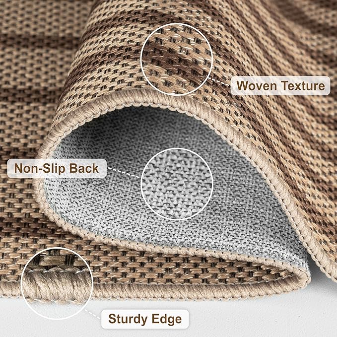 Outdoor Rug 4x6, Easy Jute Rug Non-Slip Indoor Outdoor Carpet, Washable Floor Mat Modern Black Striped Area Rug for Living Room, Bedroom, Patio, Dining Room, Office Area, Brown