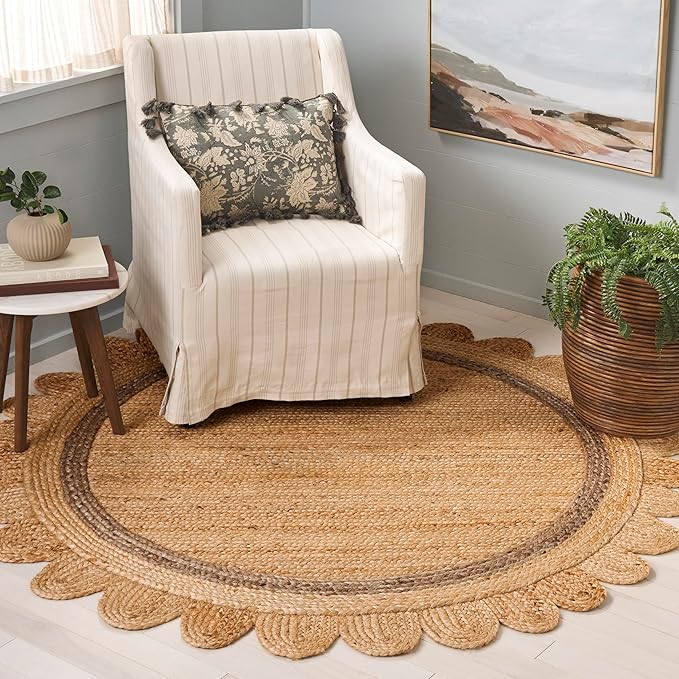 SAFAVIEH Natural Fiber Collection Area Rug - 6' Round, Natural & Grey, Handmade Jute, Ideal for Living Room, Bedroom, Dining Space (NF896F)