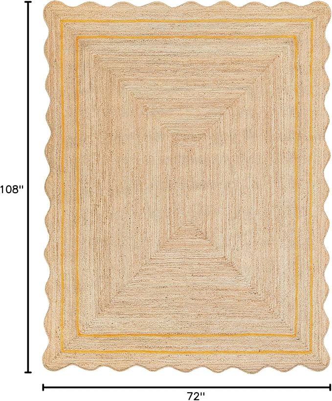 Wave Scalloped Natural Jute Rug - Boho Entryway Runner, Farmhouse Scallop, Yellow (6'x9')