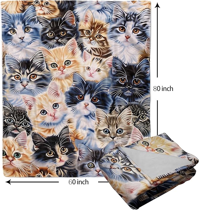 Cute Cat Blanket Soft Flannel Lightweight Kitten Cats Animals Pet Print Throw Blanket Cozy Warm Blankets All Seasons Living Room Decor for Kids Adults Cat Lovers Use On Sofa Bed Office 60x80 inch
