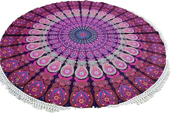 Round Beach Tapestry Turquoise Mandala Throw/Boho Hippie Beach Blanket Roundie/Indian Cotton Bohemian Large Round Table Cloth-Home Decor/Yoga Mat Meditation Picnic Rug (70", White And Pink)