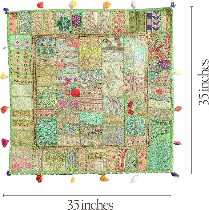 THE ART BOX Cotton Patchwork Vintage Boho Embroidered Floor Pillows & Cushion Cover Green Pouf Seating Pouf Meditation Pillow Pet Bedding Bed Boho Home Décor (35x35 Inches, Cover Only)