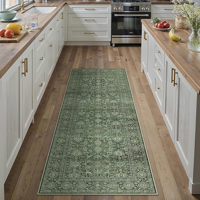 Green Runner Rug 2x6 Hallway Washable Carpet Soft Vintage Indoor Kitchen Non Slip Bedroom Traditional Retro Distressed Throw Long Rug Bathroom Laundry Entryway Office Dining Room